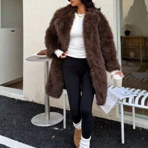 Brown Casual Women's Faux Fur Warm Oversized Plus Size Coat
